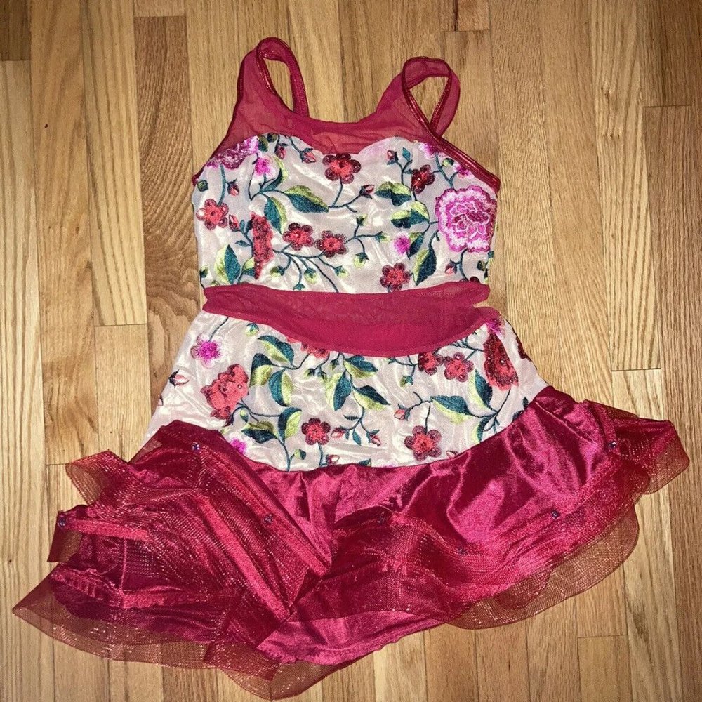 Curtain Call Dance Costume Child XL Red Flowers Rhinestones asymetrical hem